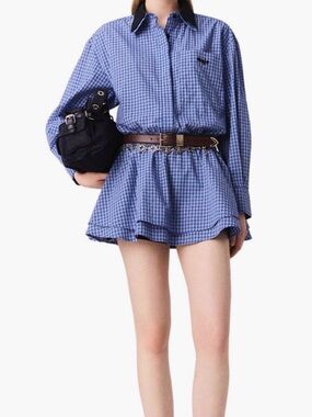 Maje organic cotton blue collared button down rhinestone mini jumpsuit dress NWT